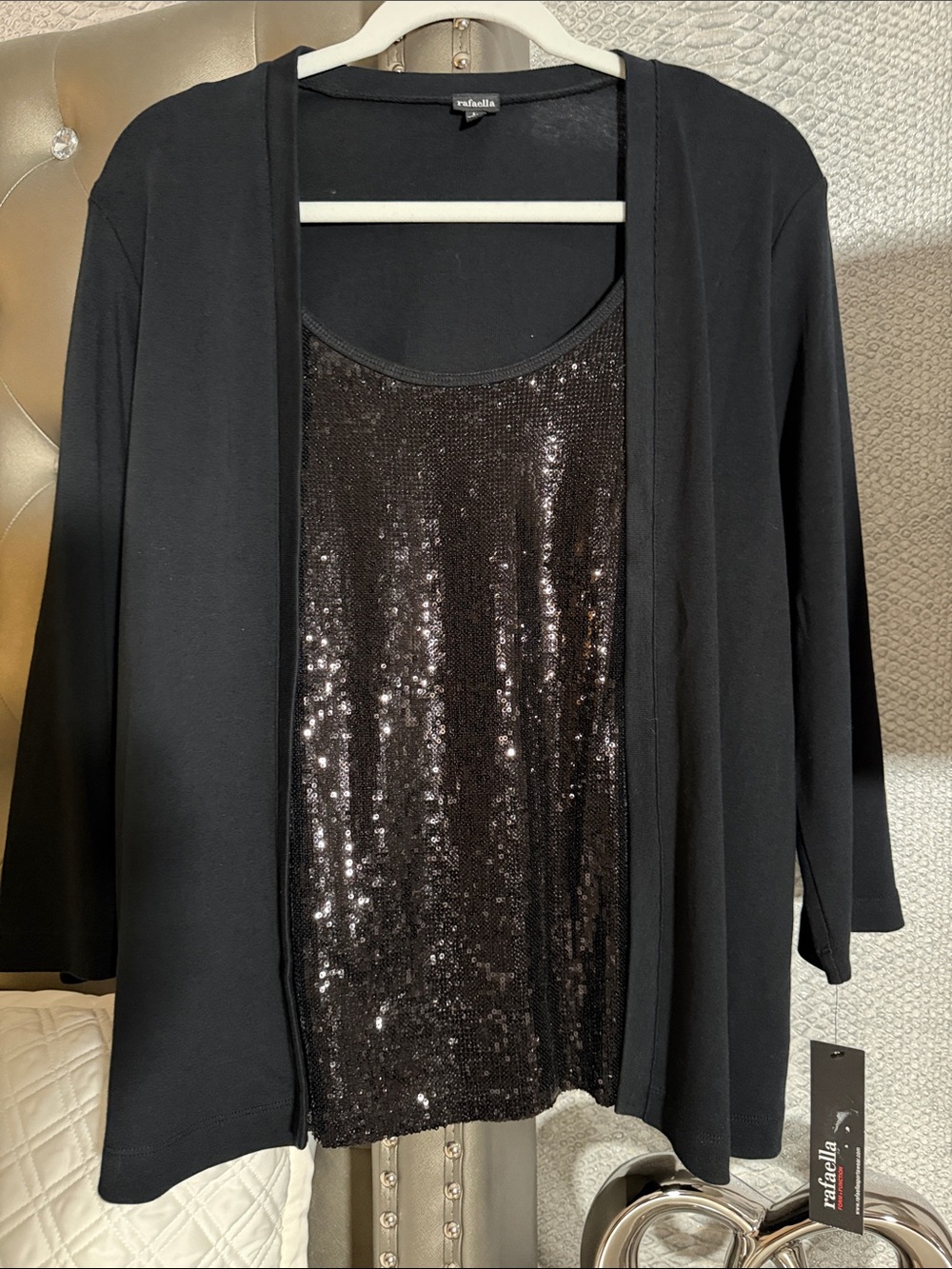 NWT Rafaella Black Mock Twin Set Top Sequin 2-in-1 Cardigan Holiday Size L